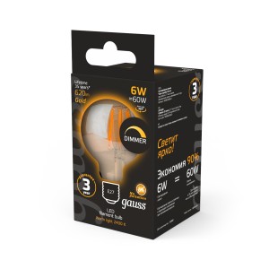 Лампа Gauss Filament G95 6W 620lm 2400К Е27 golden диммируемая LED