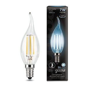 Лампа Gauss Filament Свеча на ветру 7W 580lm 4100К Е14 LED 1/10/50.