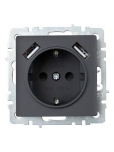 BRITE Розетка 1-местная с заземлением с защитными шторками 16А с USB A+A 5В 2,1А РЮш10-1-БрГ графит IEK