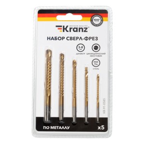 Набор cверл-фрез по металлу 3-4-5-6-8мм, HSS, ТИТАН, цилиндрический хвостовик, 5 шт. KRANZ