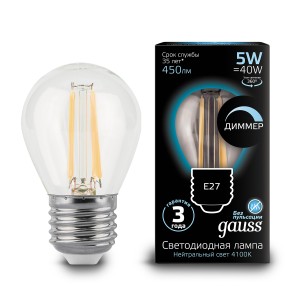 Лампа Gauss Filament Шар 5W 450lm 4100К Е27 LED 1/10/50