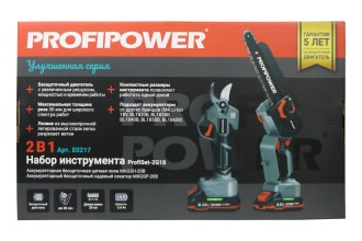 Аккумуляторный бесщеточный E0217 НАБОР 2в1 PROFIPOWER ProfiSet-2G20 (Li-ion-2шт 20В, 2.0Ач, З/У, секатор, мини-пила)