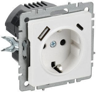 BRITE Розетка 1-местная с заземлением с защитными шторками 16А с USB A+C 18Вт РЮш11-1-БрАБ арктический белый IEK