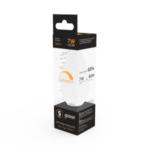 Лампа Gauss Свеча 7W 560lm 3000К Е14 диммируемая LED 1/10/100