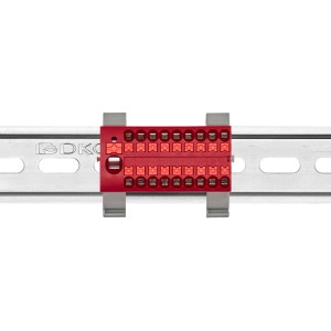 Блок распределительный с гориз. адаптером на рейку шириной 35мм, зажим push-in, 1 ввод 6 кв.мм, 18 точек подключения 2,5 кв.мм, красный DKC