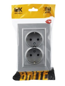 BRITE Розетка 2-местная с заземлением с защитными шторками 16А в сборе РСш12-3-БрА алюминий IEK