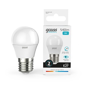 Лампа Gauss Elementary Шар 8W 540lm 4100K Е27 LED 1/10/100