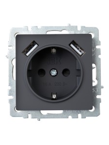 BRITE Розетка 1-местная с заземлением с защитными шторками 16А с USB A+A 5В 3,1А РЮш10-2-БрГ графит IEK