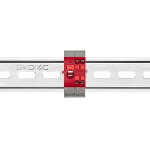 Блок распределительный с гориз. адаптером на рейку шириной 35мм, зажим push-in, 1 ввод 6 кв.мм, 4 точки подключения 2,5 кв.мм, красный DKC