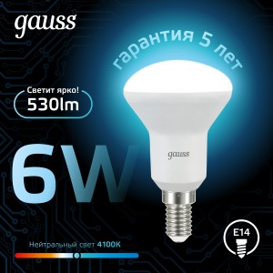 Лампа Gauss R50 6W 530lm 4100K Е14 LED 1/10/100