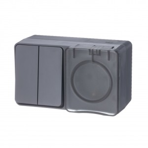 ATLASDESIGN PROFI IP54 О/У БЛОК: РОЗЕТКА с заземл. со шт., 16А, ВЫКЛЮЧАТЕЛЬ 2-клав., 10АХ, АНТРАЦИТ