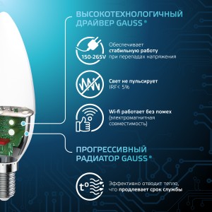 Лампа Gauss Свеча 6.5W 550lm 4100К E14 LED