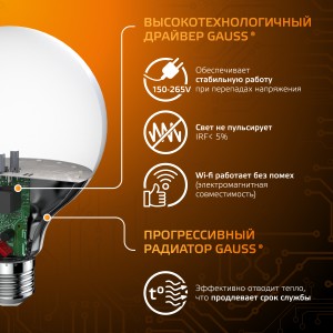 Лампа Gauss G95 16W 1480lm 3000K E27 LED 1/20