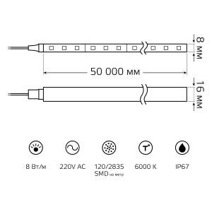 Лента Gauss LED 2835/120-SMD 8W 220V 200lm/m 6000K NEON (8х16мм) IP67 (50м)