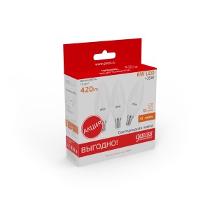 Лампа Gauss Elementary Свеча 6W 420lm 3000K Е14 LED 1/10/100