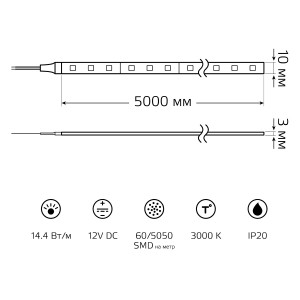 Лента Gauss LED 5050/60-SMD 14.4W 12V DC теплый белый (блистер 5м) 1/50