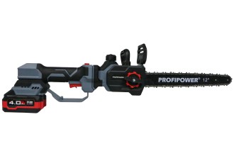 Аккумуляторная бесщеточная цепная пила E0285 PROFIPOWER PL-12 с штангой телескопической (20В,12", Li-ion-2шт, 4.0Ач, 0-5800 об/мин,З/У, в коробке)