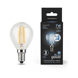 Лампа Gauss Filament Шар 7W 580lm 4100К Е14 LED 1/10/50