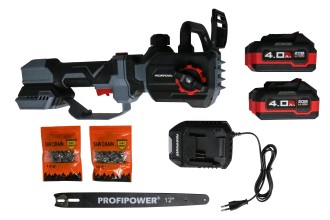 Аккумуляторная бесщеточная цепная пила E0285 PROFIPOWER PL-12 с штангой телескопической (20В,12", Li-ion-2шт, 4.0Ач, 0-5800 об/мин,З/У, в коробке)