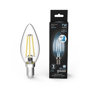 Лампа Gauss Filament Свеча 7W 580lm 4100К Е14 LED 1/10/50