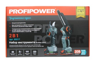 Аккумуляторный бесщеточный E0217 НАБОР 2в1 PROFIPOWER ProfiSet-2G20 (Li-ion-2шт 20В, 2.0Ач, З/У, секатор, мини-пила)