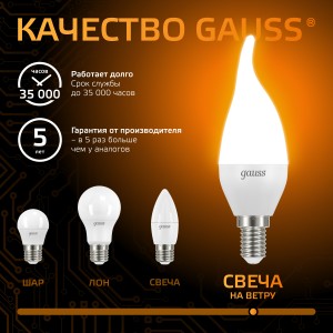 Лампа Gauss Свеча на ветру 6.5W 520lm 3000K E14 LED