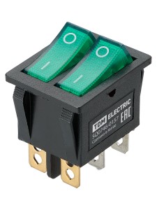 KCD3-221N 250В AC/DC, 1P, 15А, (6с), ON-OFF, черный корпус, две зеленые клавиши, LED, TDM