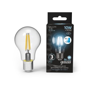 Лампа Gauss Filament А60 10W 970lm 4100К Е27 LED 1/10/40
