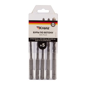 Набор буров по бетону 5-6х110х50, 6-8-10х160х100мм, 5 шт, в пластиковой коробке SDS PLUS KRANZ
