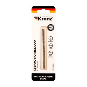 Сверло по металлу 4х75х43мм «Кобальт» (сталь HSS-Co 5% M35 P6M5K5) DIN 338, 1 шт. в блистере KRANZ