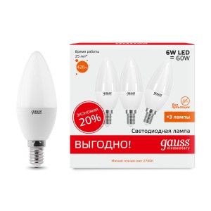 Лампа Gauss Elementary Свеча 6W 420lm 3000K Е14 LED 1/10/100