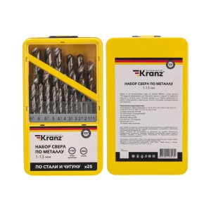 Набор сверл по металлу, 1-13мм (через 0,5мм), HSS, цилиндрический хвостовик, металлический кейс, 25