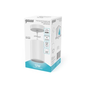 Светильник Gauss Overhead подвес цил12W 750lm 4100K 170-240V IP20 79*100мм белый LED 1/20
