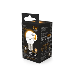 Лампа Gauss Шар 7W 520lm 3000K Е27 шаг. диммирование LED 1/10/100