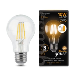 Лампа Gauss Filament А60 10W 930lm 2700К Е27 LED 1/10/40