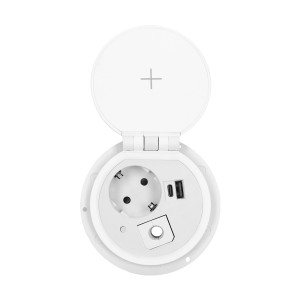 Блок розеточный встраиваемый d=80мм, 2хUSB Type A+C 5V 2,4A + 2P+E ,беспроводная зарядка, сменный модуль RJ/HDMI/USB, 3680вт, кабель 1,8м, белый