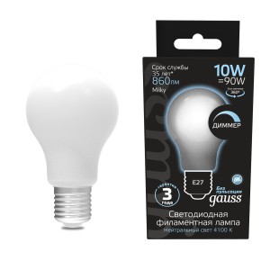 Лампа Gauss Filament А60 10W 860lm 4100К Е27 milky LED 1/10/40