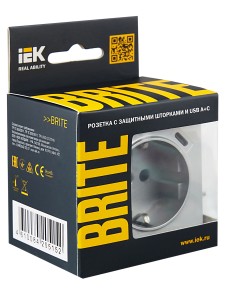 BRITE Розетка 1-местная с заземлением с защитными шторками 16А с USB A+C 18Вт РЮш11-1-БрА алюминий IEK