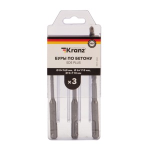 Набор буров по бетону 5х110х50, 6х110х50, 8х160х100мм, 3 шт, в пластиковой коробке SDS PLUS KRANZ