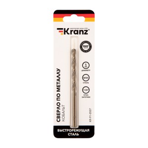 Сверло по металлу 5х86х52мм «Кобальт» (сталь HSS-Co 5% M35 P6M5K5) DIN 338, 1 шт. в блистере KRANZ