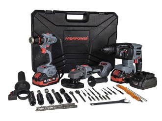 Аккумуляторный бесщеточный E0247 НАБОР 3в1 PROFIPOWER ProfiSet-3E18 (Li-ion-2шт, 4Ач, З/У, кейс, E0080,T0056, T0058)