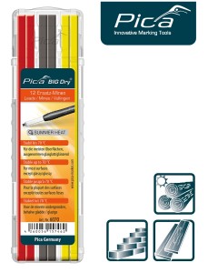 Набор грифелей-стержней для строительного карандаша Pica BIG Dry (серые, желтые, красные)