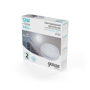 Св-к светодиодный Gauss IP40 D135*32 12W 940lm 4000K 200-240V HALL круглый с оптико-микроволновым сенс 1/40