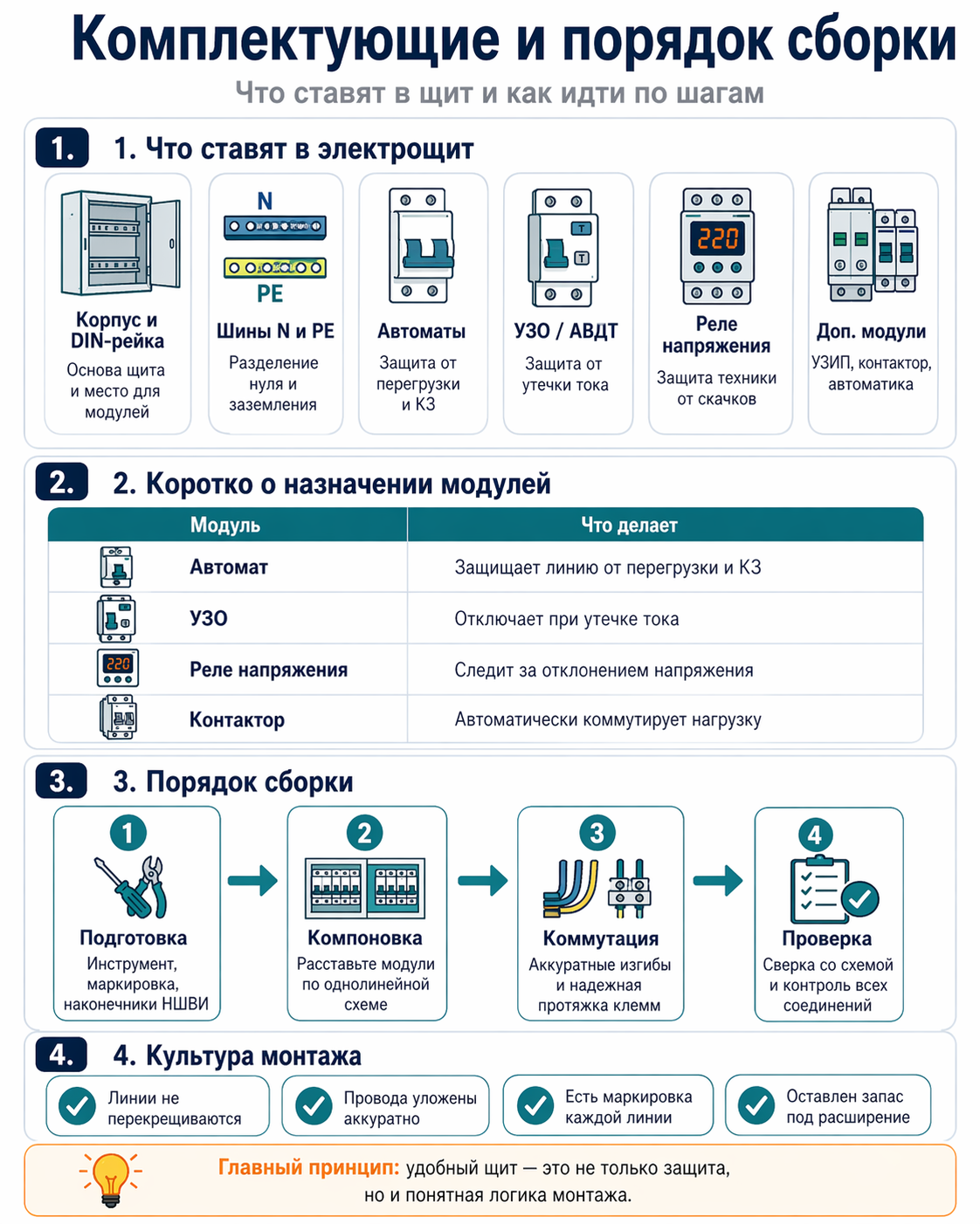 Комплектующие электрического щита и порядок его сборки