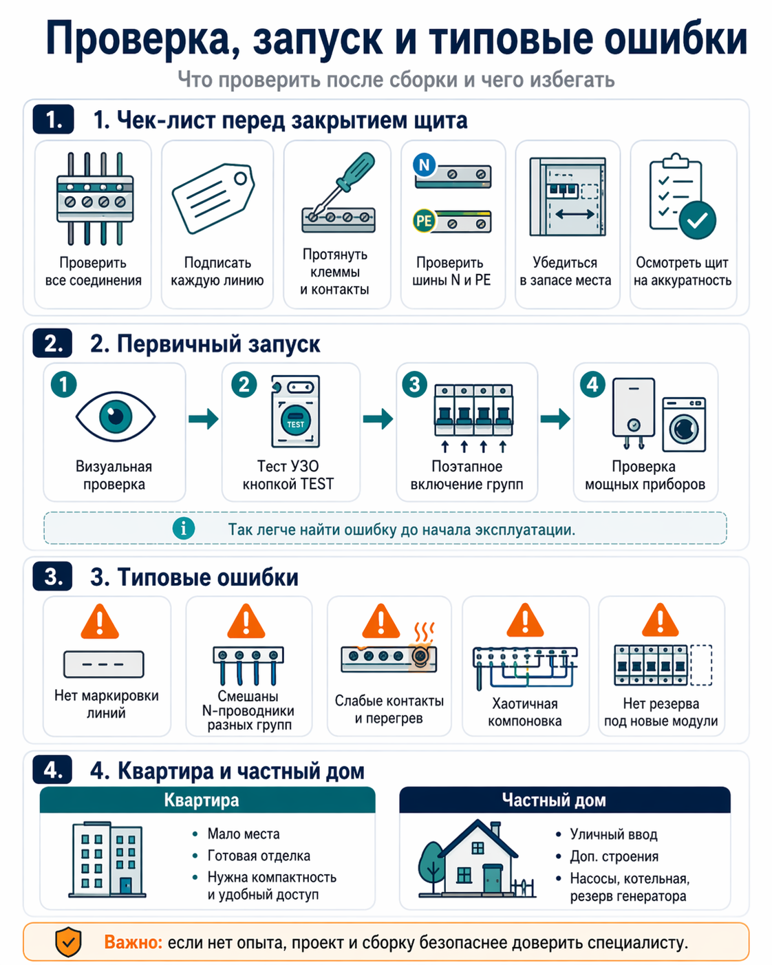 Проверка, запуск и типичные ошибки при сборке электрического щита