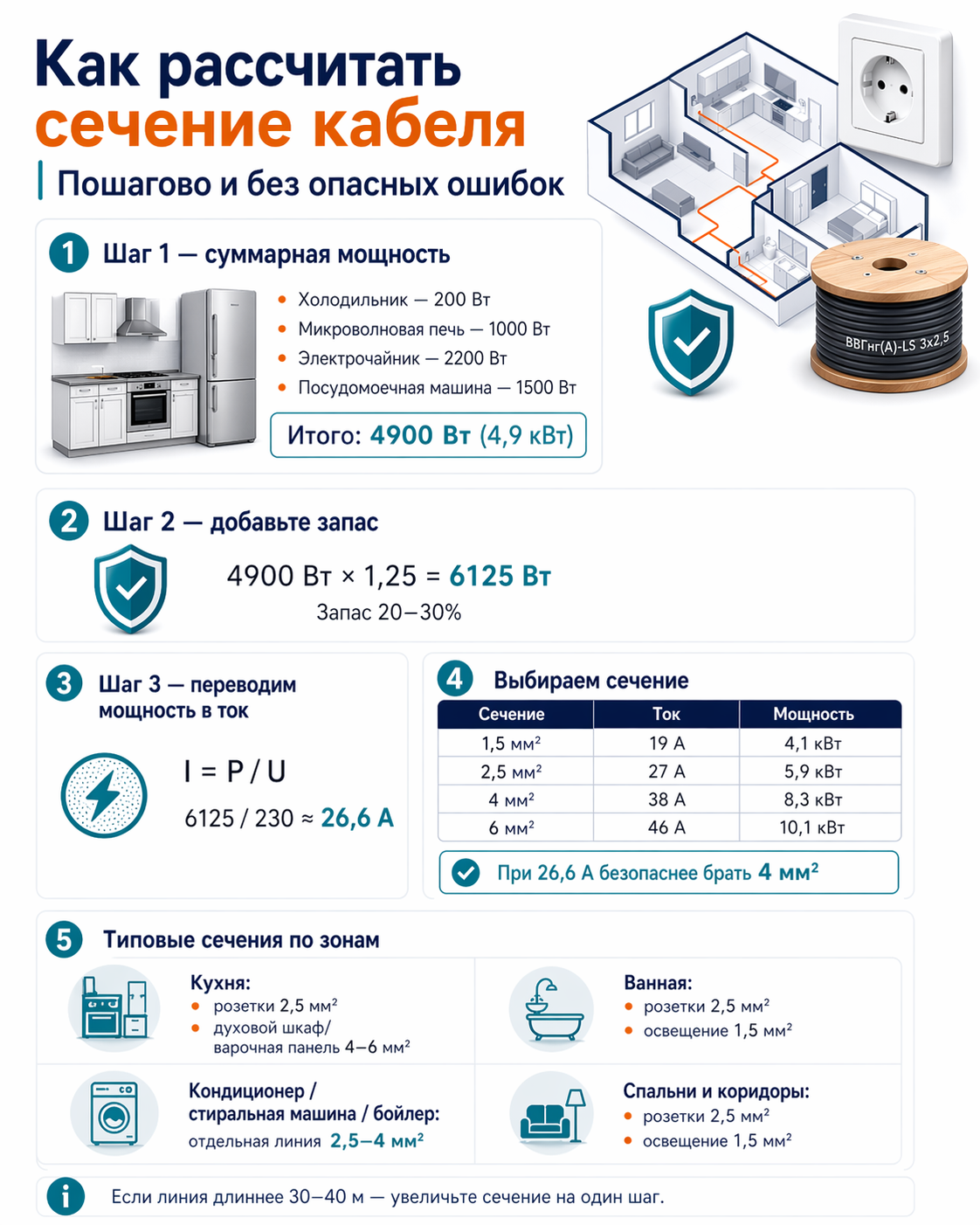 Как рассчитать сечение кабеля для электропроводки в квартире пошагово и без опасных ошибок