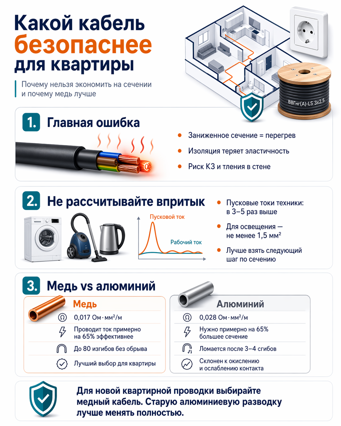 Какой кабель безопаснее для квартиры: почему нельзя экономить на сечении и почему медь лучше